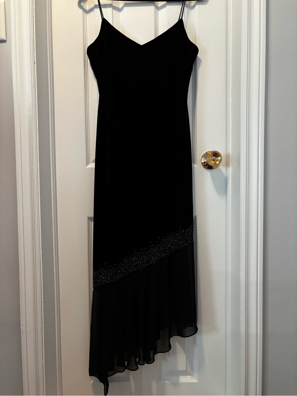 Jessica Howard Black Asymmetrical Slip Dress with Beaded Diagonal Detail